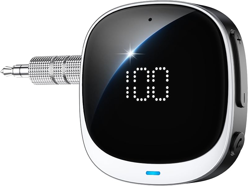 COMSOON Adaptador Bluetooth AUX para auto, [Pantalla LED] Receptor Bluetooth 5.3 | para parlante/estéreo doméstico/auriculares con cable, receptor de audio inalámbrico de 3,5 mm para llamadas/música manos libres, conexión dual