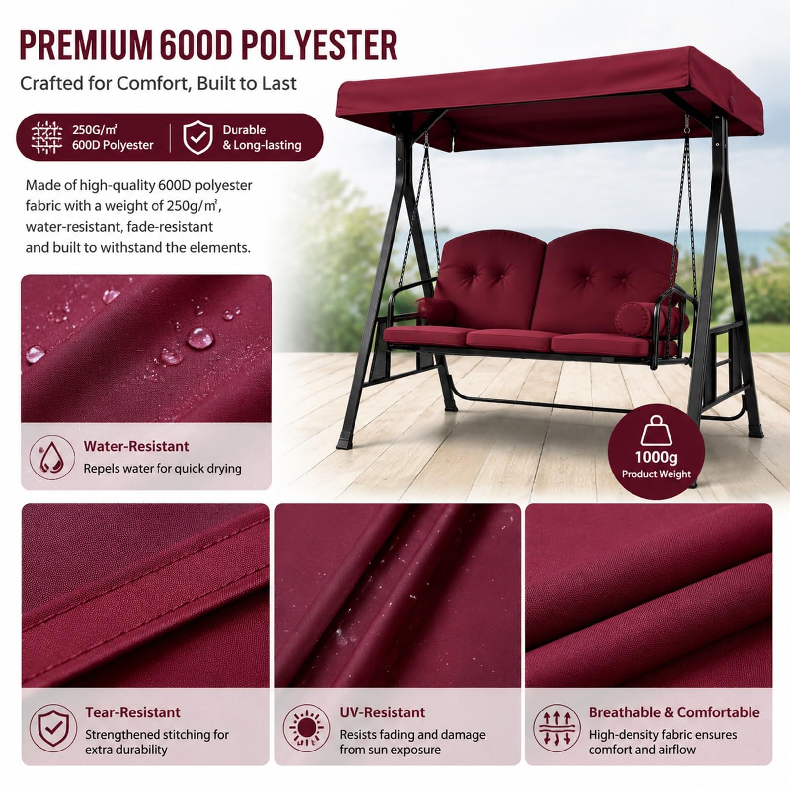 Tettuccio di Ricambio per Dondolo 2 Posti Impermeabile da Giardino | Tessuto polyestere 600D 250g/m², resistente agli strappi, facile da pulire,1 pezzo, senza struttura(Gray)