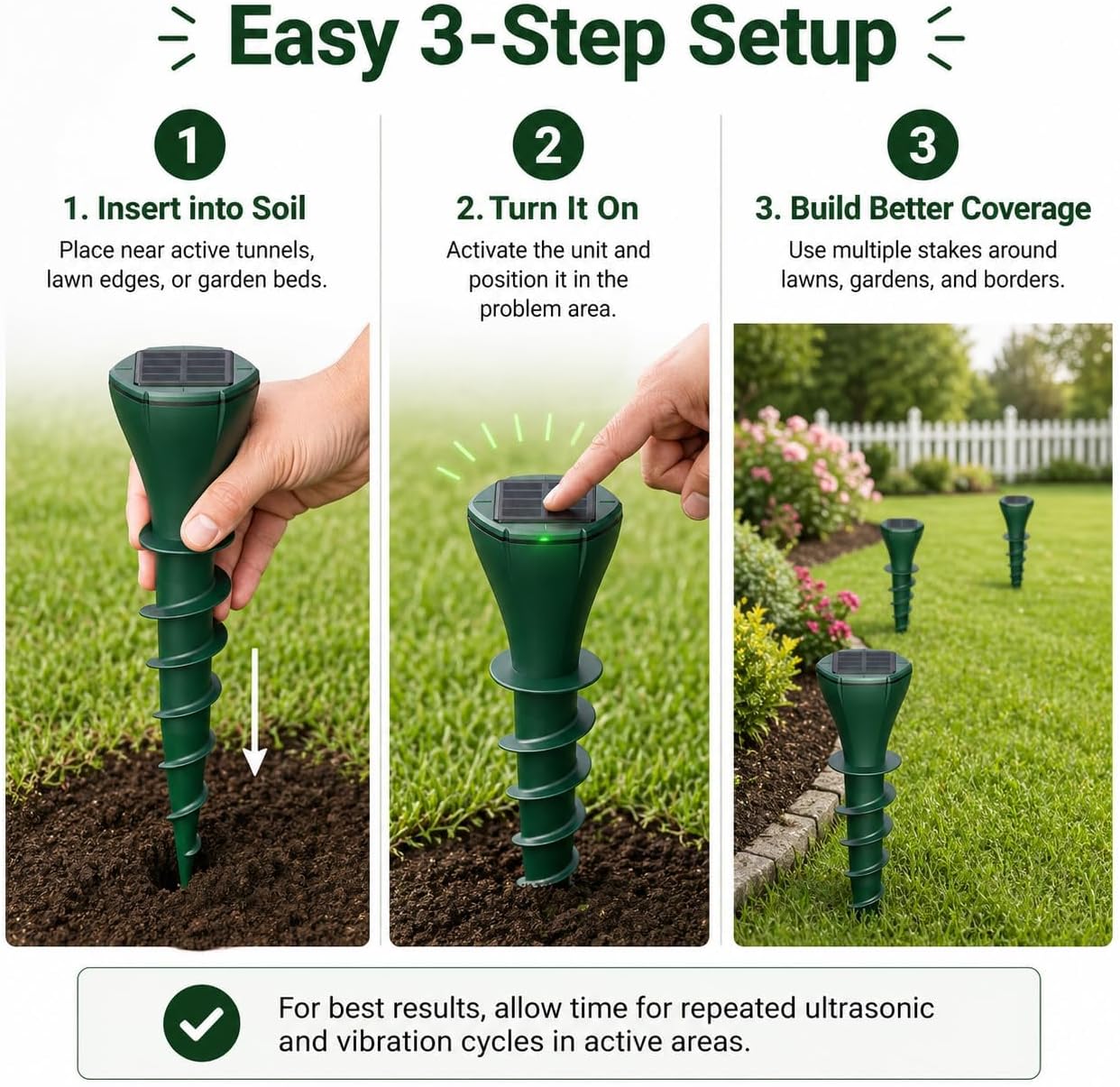 Solar Powered Mole Repellent Stakes, Ultrasonic & Vibration Deterrent for Moles, Gophers & Voles, IP65 Waterproof Outdoor Pest Repeller for Yard, Lawn & Garden, 4 Pack