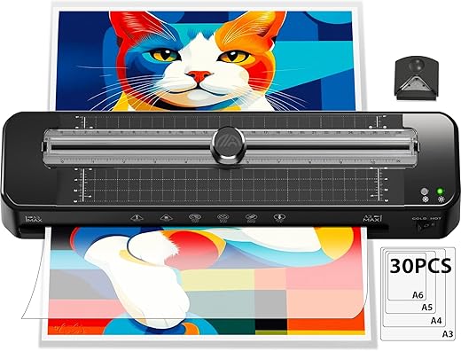 Plastificadora A3 con sistema antiatascos de ABS con 30 hojas para A3 A4 A5 A6 - Laminadora en frío versátil para oficina, hogar y escuela