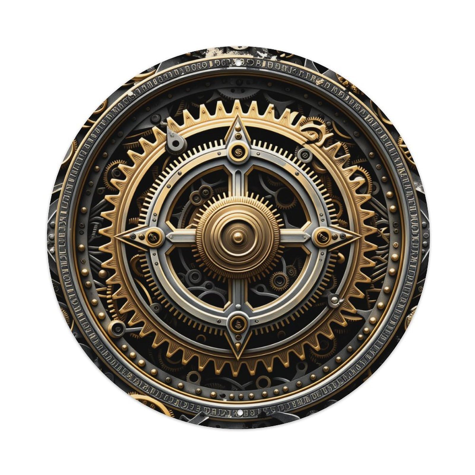Intricate Gear Mechanism With Golden And Silver Cogs Round Tin Sign Retro Metal Sign for Cafe Bar Pub Home Wall Decor Metal Poster 8x8 Inch