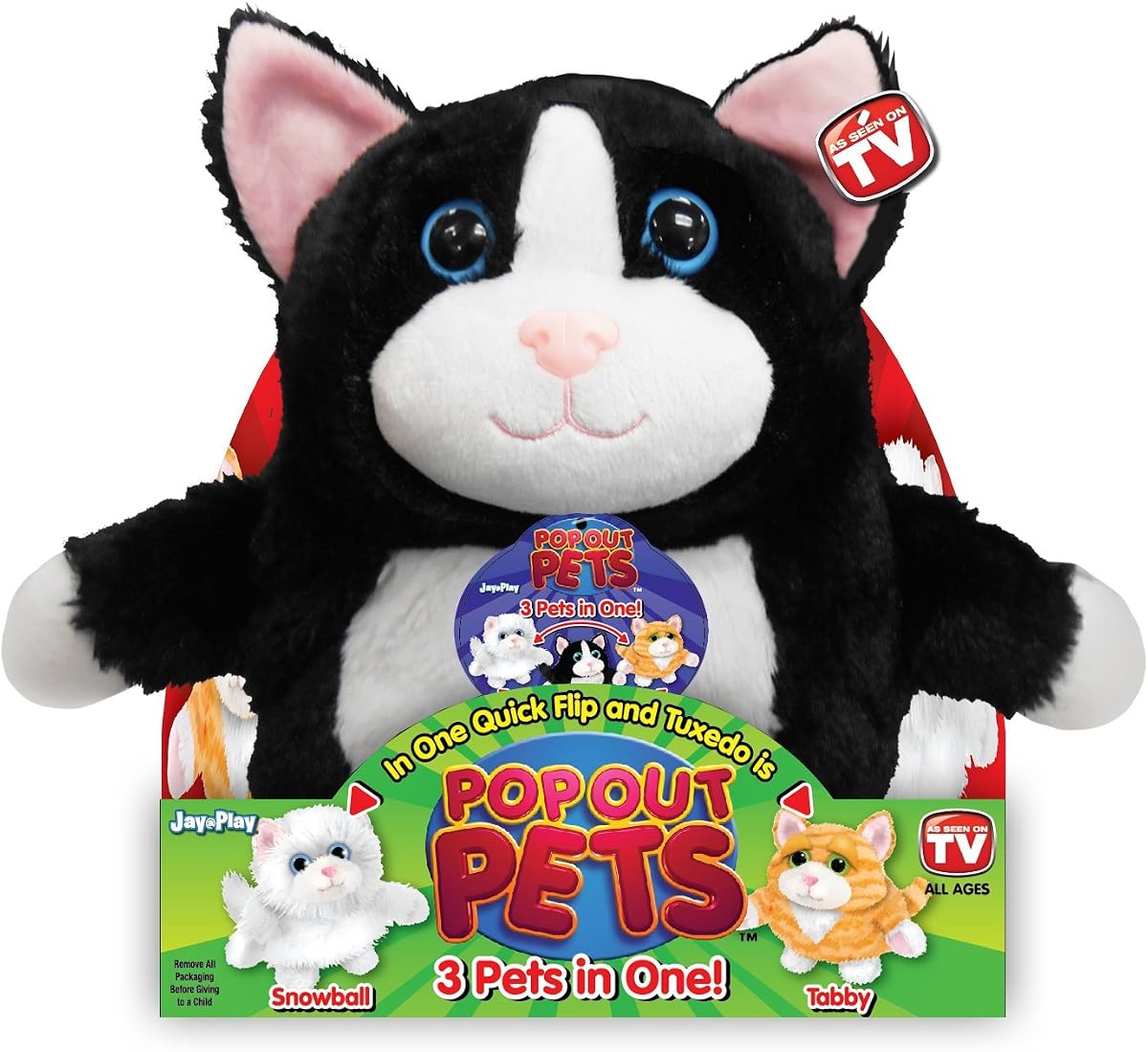 Gatitos Pop Out Pets, juguete de peluche reversible, obtenga 3 animales de peluche en uno: esmoquin, bola de nieve y gatos atigrados, 8 pulgadas.