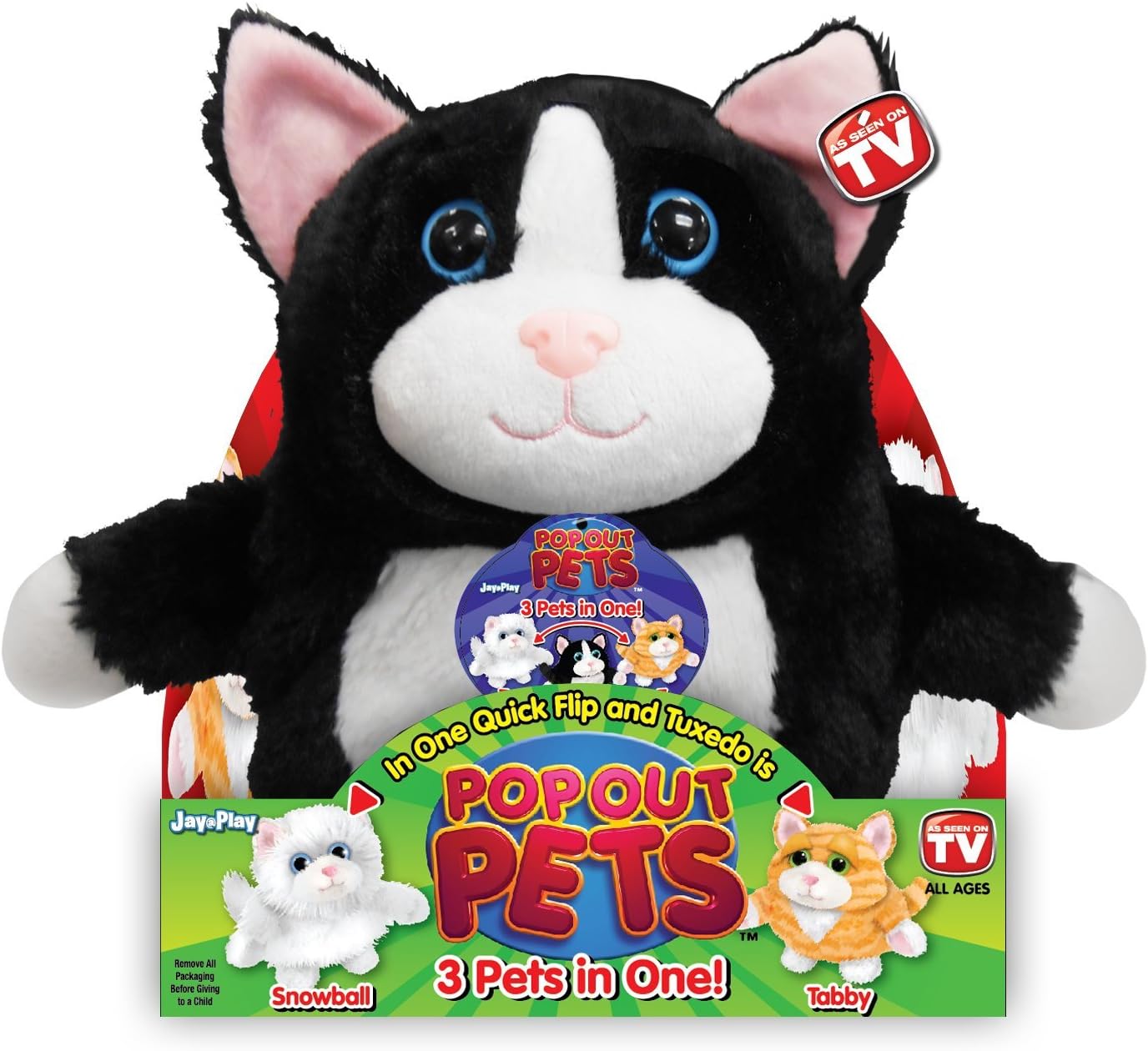 Pop Out Pets Kittens, Reversible Plush Toy, Get 3 Stuffed Animals in One - Tuxedo, Snowball & Tabby Cats, 8 in.