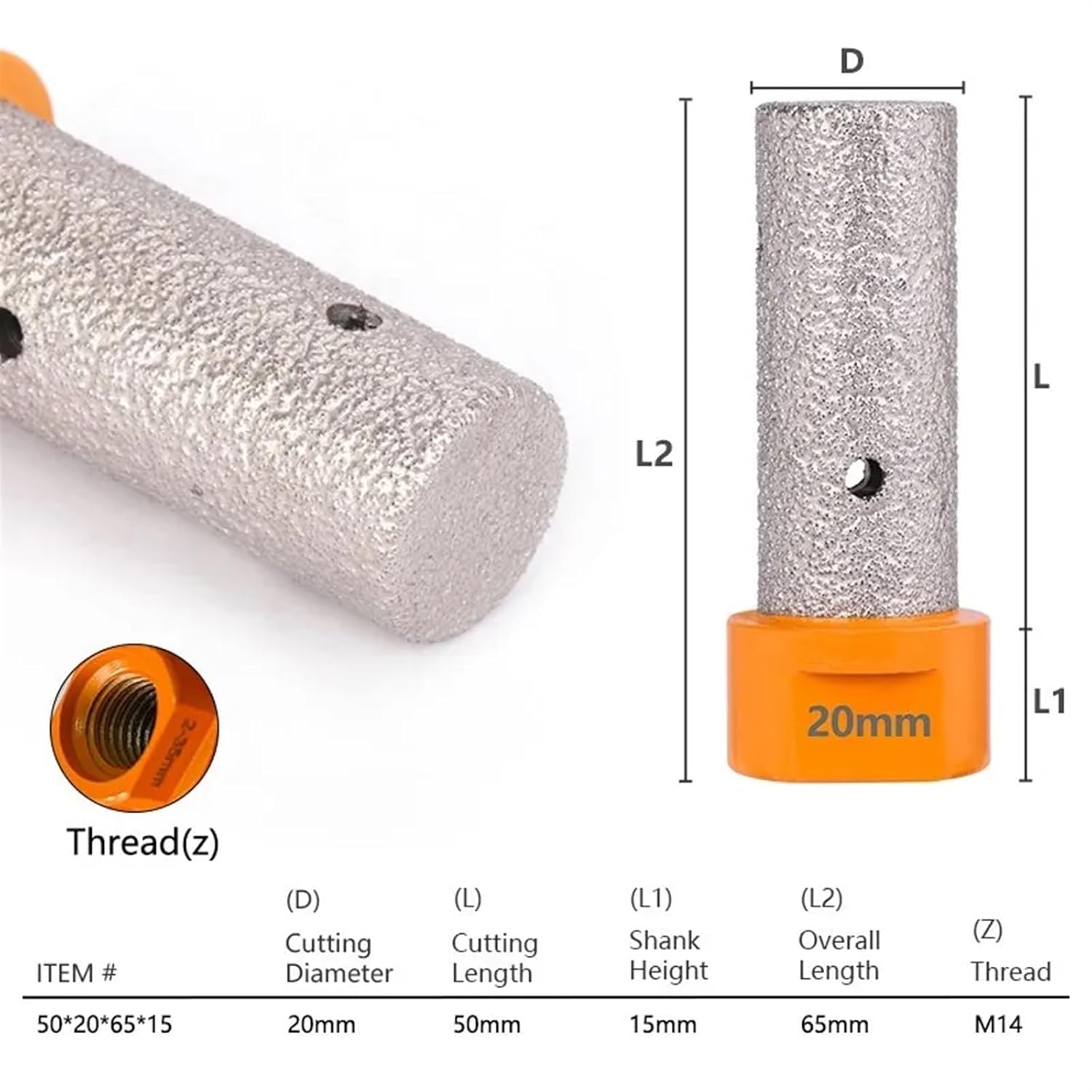 M14 Thread Diamond Finger Bits Enlarge Grinding Holes Dia 6/10/12/15/20/25/30mm Tile Stone Countertop Diamond Bits 1Pcs(50x20x65x15)