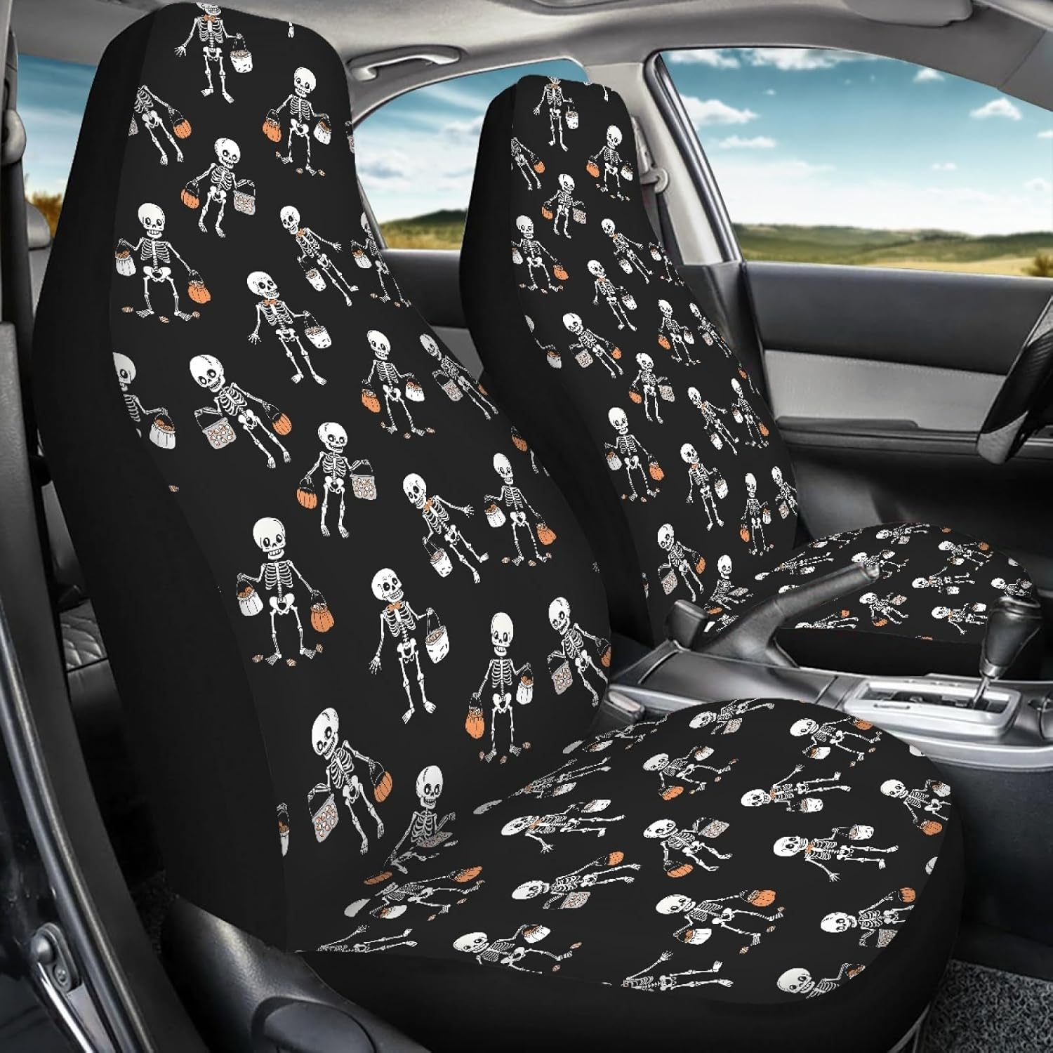 Car Seat Covers Halloween Skeleton Pumpkin Auto Front Seat Protectors for Women Men Gifts Automobile Interior Decorate Accessories
