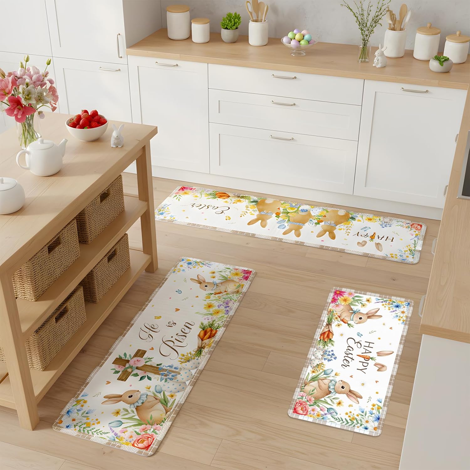 Happy Easter Kitchen Rugs Set of 3, Cute Bunny Egg Non Slip Kitchen Mats, Washable Rabbit Christian Floor Decor for Indoor Outdoor Spring Seasonal Holiday Farmhouse Home Decorations
