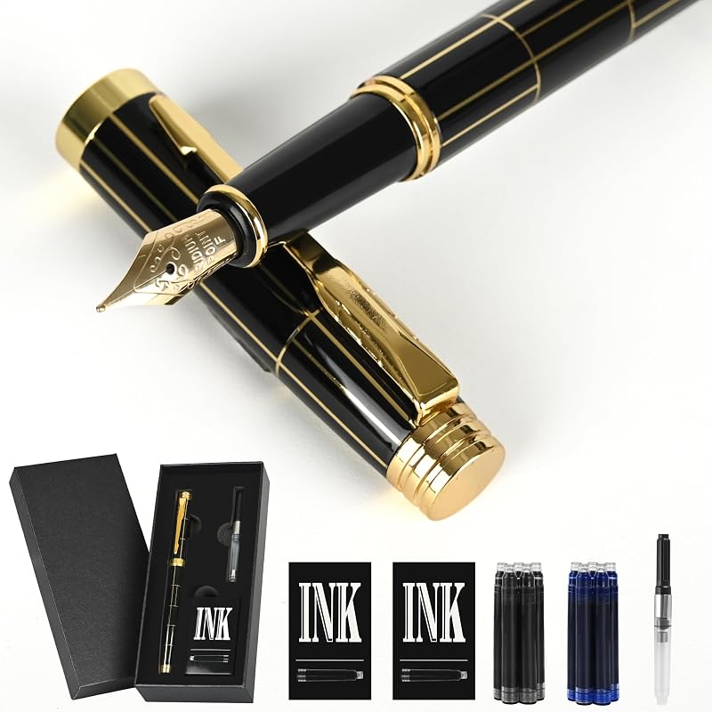 Fountain Pen Set, Medium Nib 0.5mm, Includes 10 Ink Cartridges & 2 Ink Refill Converters, Gift Case for Men & Women,Calligraphy Pen,Perfect Weight, Black.