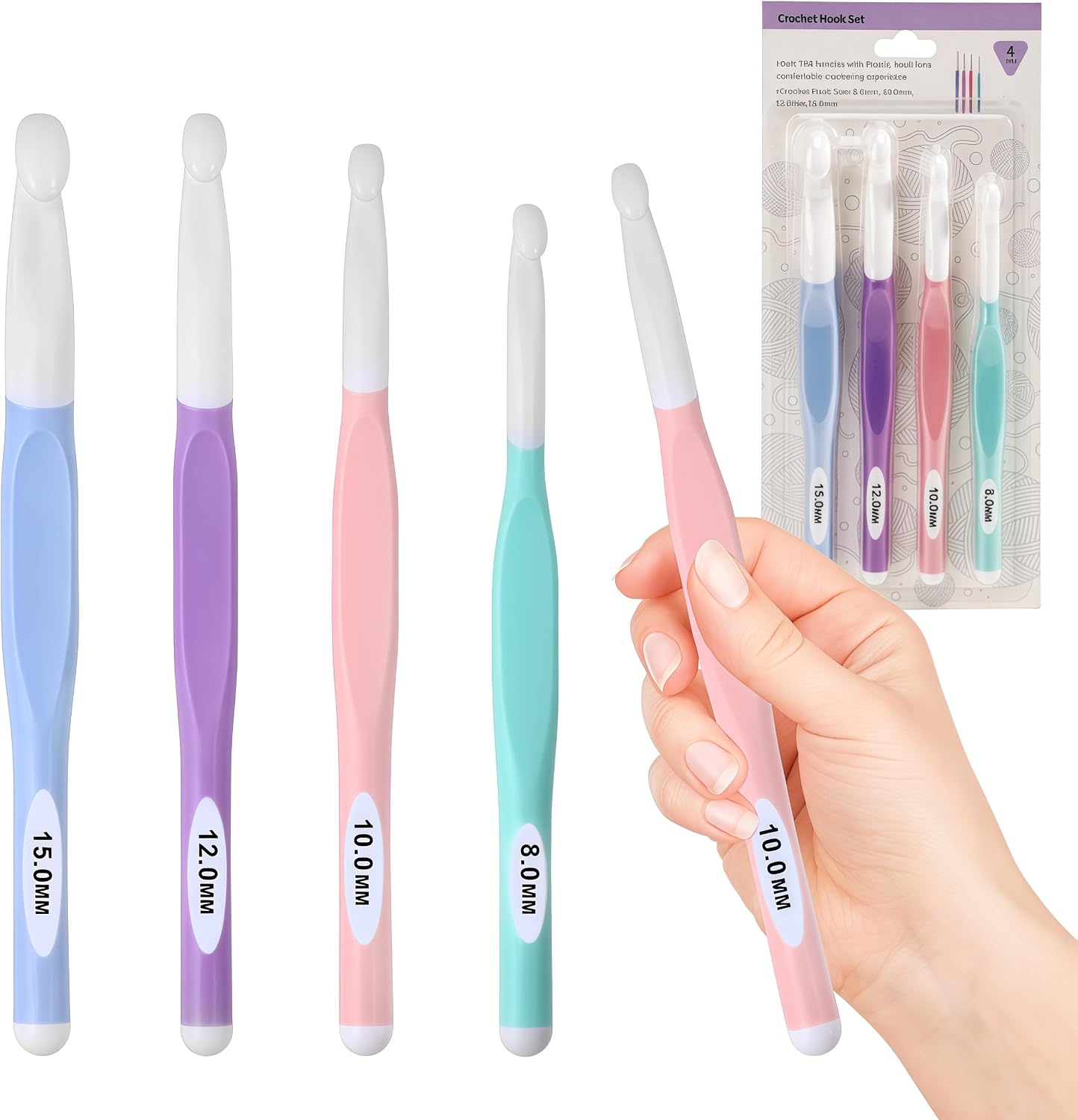 Large Sizes Crochet Hooks 8mm, 10mm, 12mm, 15mm Rubber Handle Crochet Hook 4PCS- Ergonomic Handle Crochet Hooks Weaving Tools for Knitting Blankets, Shawl and Carpet (Multicolor 4pcs)