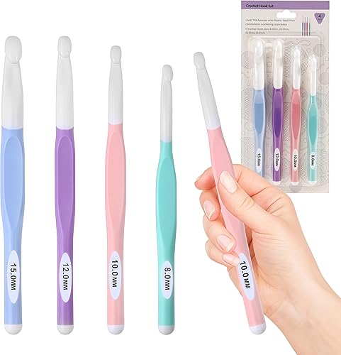 Ganchos de Crochet de Tamaños Grandes 8mm, 10mm, 12mm, 15mm con Mango de Goma Gancho de Crochet 4PCS - Herramientas de Tejido con Mango Ergonómico