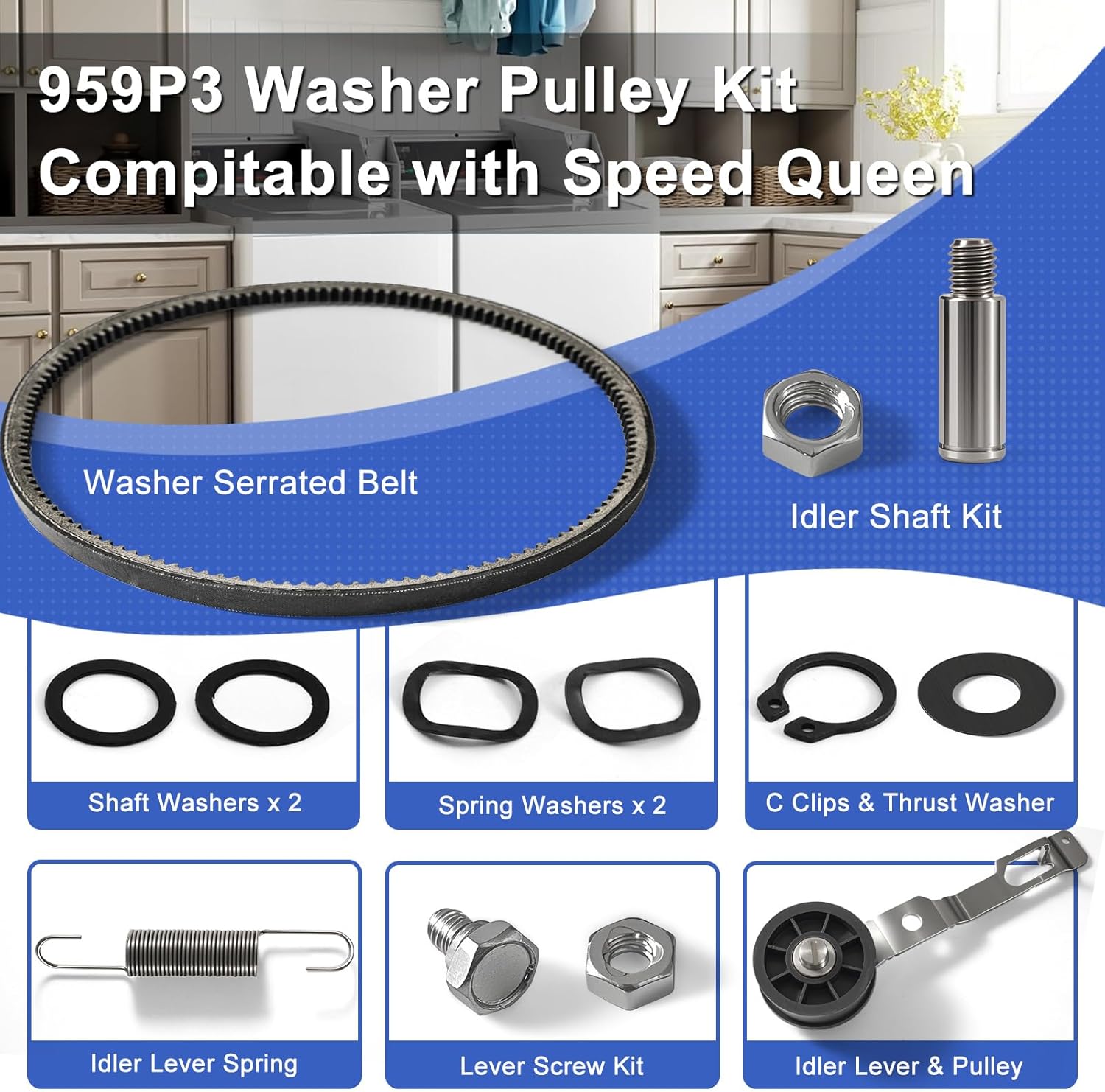 Detailed view of all components included in the 959P3 Washer Idler Lever and Belt Kit, showing the belt, idler shaft kit, shaft washers, spring washers, C clips, thrust washer, idler lever spring, lever screw kit, and idler lever with pulley.