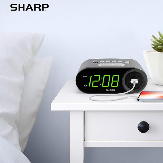 Sharp Digital Alarm Clock with 2A USB Charging and Green LED Display