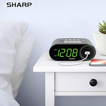 Sharp Digital Alarm Clock with 2A USB Charging and Green LED Display