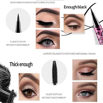 4D Silk Fiber Eyelash Mascara & Eyeliner Kit, 4D Eyelash Mascara with Liquid Eyeliner Kit, Waterproof Sweat-Proof SmudgeProof, for Longer, Thicker, Voluminous Eyelashes Perfect Eyes Makeup-Black