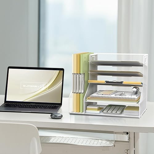 Miniatura 7 de SUPEASY Organizador de escritorio con soporte para archivos, bandeja de papel de malla de 5 niveles con soporte para revistas, organizador de