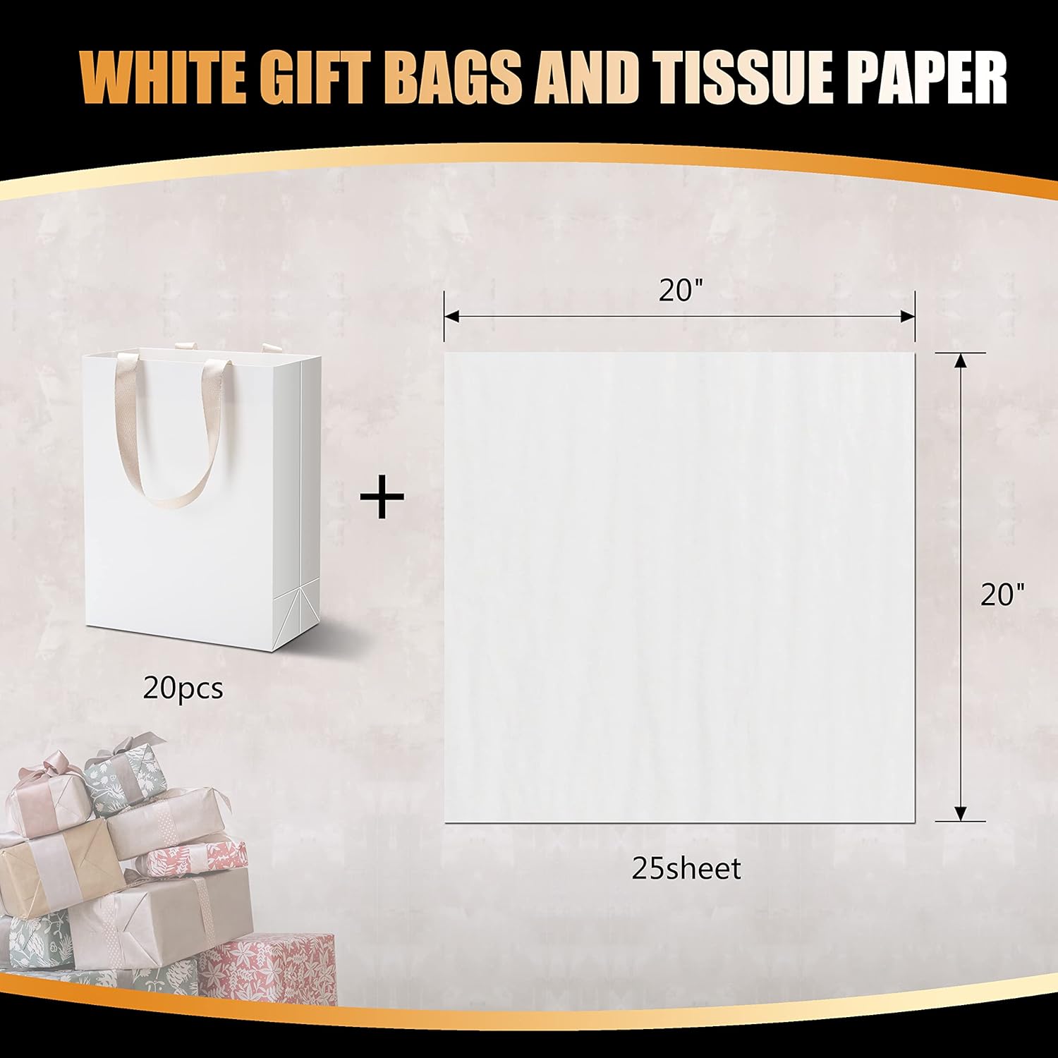 YACEYACE White Gift Bags with Tissue Paper, 20Pcs 8"x4.25"x10.5" Medium Size Gift Bags with Handles, White Paper Bag for Party,Wedding,Birthday,Retail,Baby Shower,Merchandises