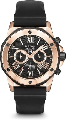 Bulova Mens Marine Star Series A Rose Gold Stainless Steel 6-Hand Chronograph Quartz Watch, Black Silicone Strap Style 98B104