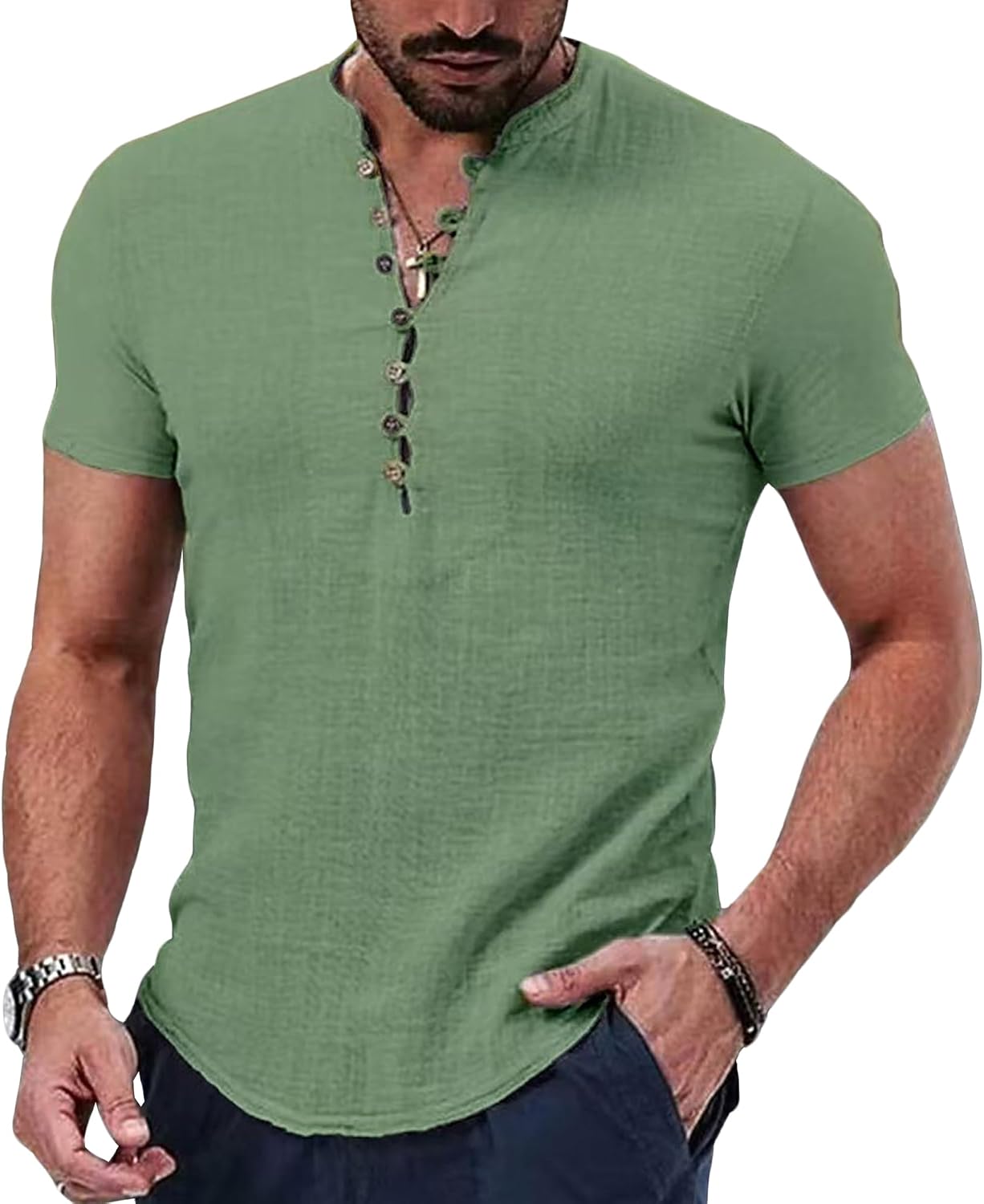 Men V Neck Button Placket T-Shirt Short Sleeve Casual Plain Henley Shirt Summer Daily Wear Lightweight Tees