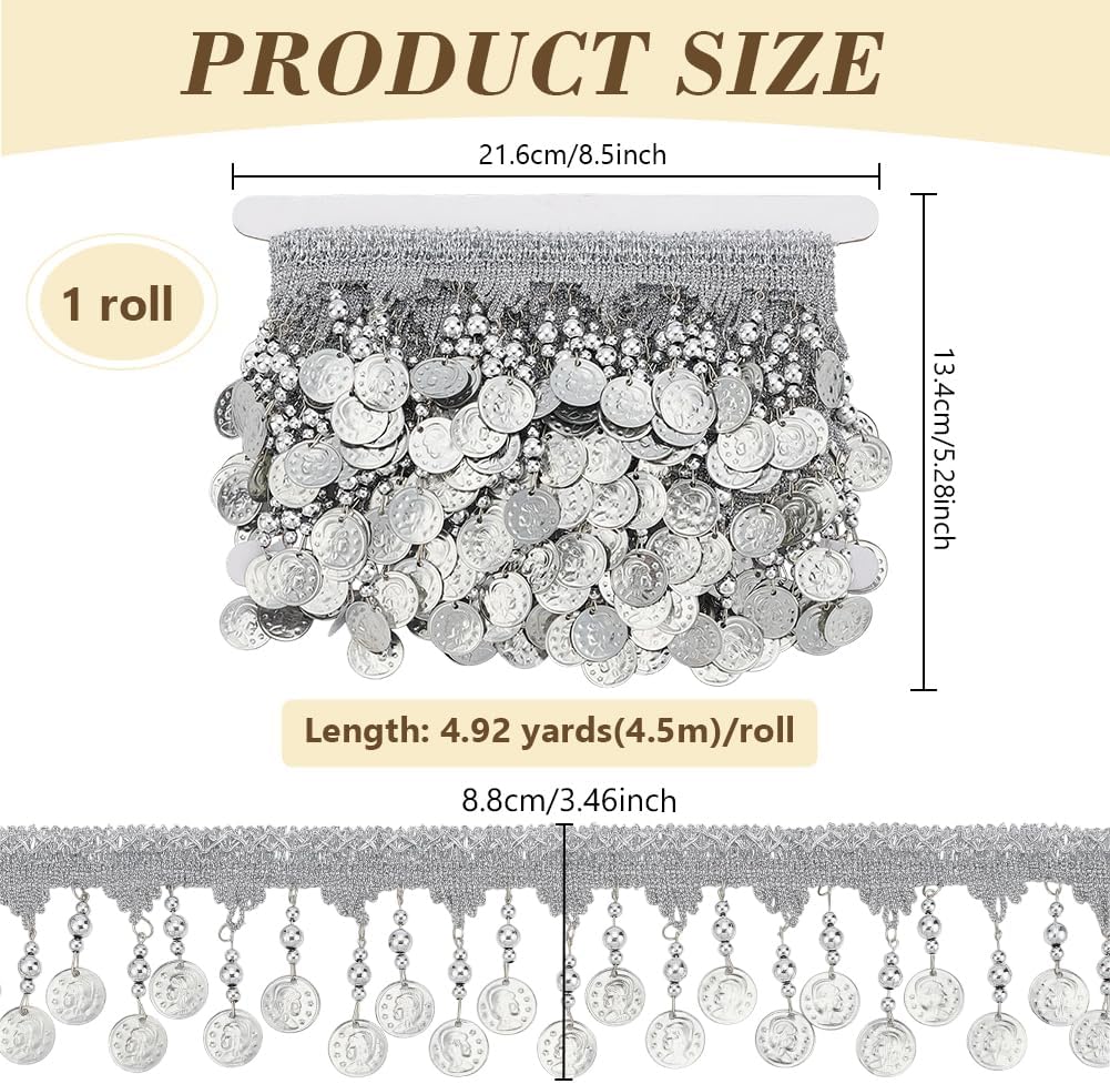 BENECREAT 4.9Yard Silver Coin Shape Sequin Tassel Trim, 3.46Inch Width Polyester Sequin Lace Tassel Fringe Trim for Sewing Making Clothes Dresses Dance Craft Costume Party Accessory