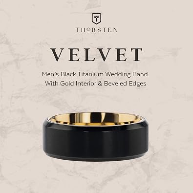VELVET Flat Brushed Black Titanium Men's Wedding Ring With Yellow Gold Plating Interior And Beveled Polished Edges - 8mm