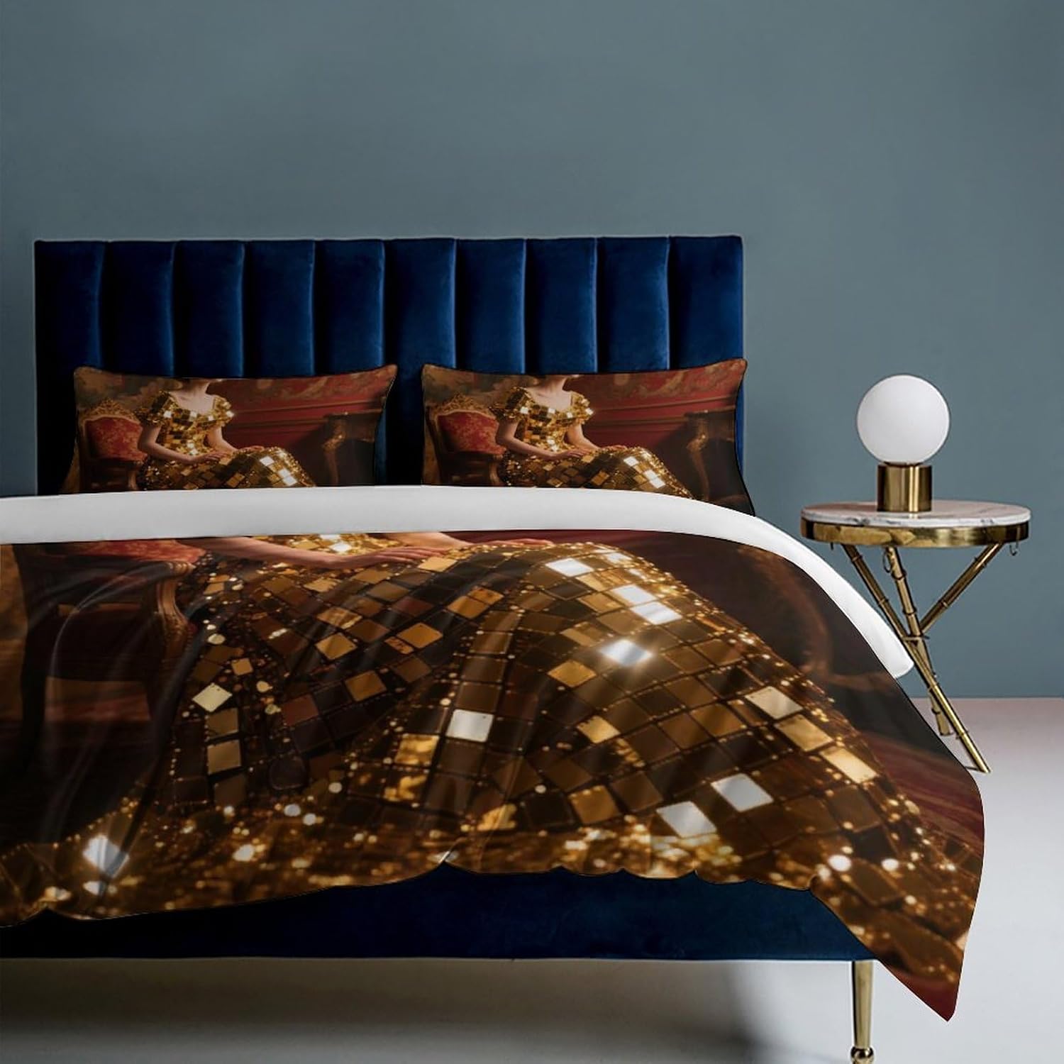 Duvet Cover Queen Size Bedding Set with 1 Duvet Cover 2 Pillow Shams Girl in Sequin Skirt Cover Set with Zipper Closure