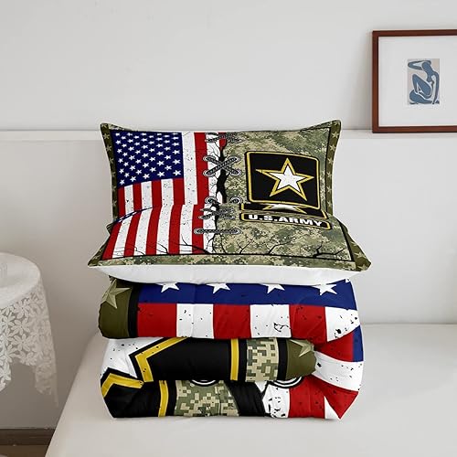 Miniatura 5 de Juego de edredón de bandera estadounidense tamaño Queen para adultos y niños, edredón de plumón de camuflaje verde militar para niños y hombres,