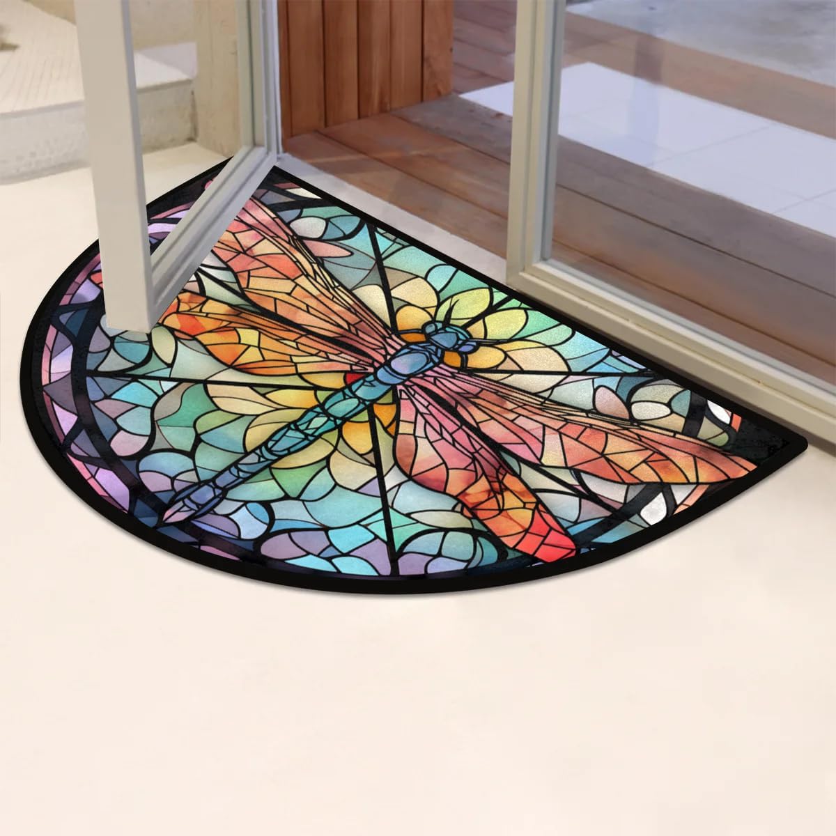 Dragonfly Colorful Stained Glass Half Round Door Mat Non-Slip Soft Doormats for Home Indoor Outdoor Entrance Bath Carpet Area Rugs for Home Dining Living Room Bedroom 36" X 24"
