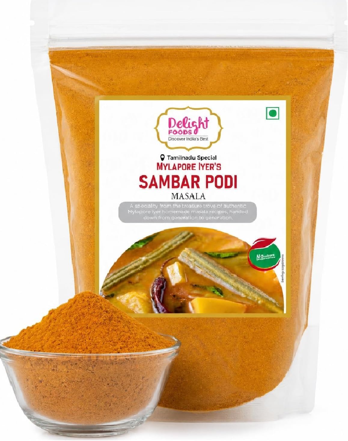 Delight Foods Mylapore Iyer's Sambar Podi 350g | Ready Masalas and Podi | Mixed Spices | Tamil Nadu Special Masala | South Indian Traditional Recipe | No Preservatives