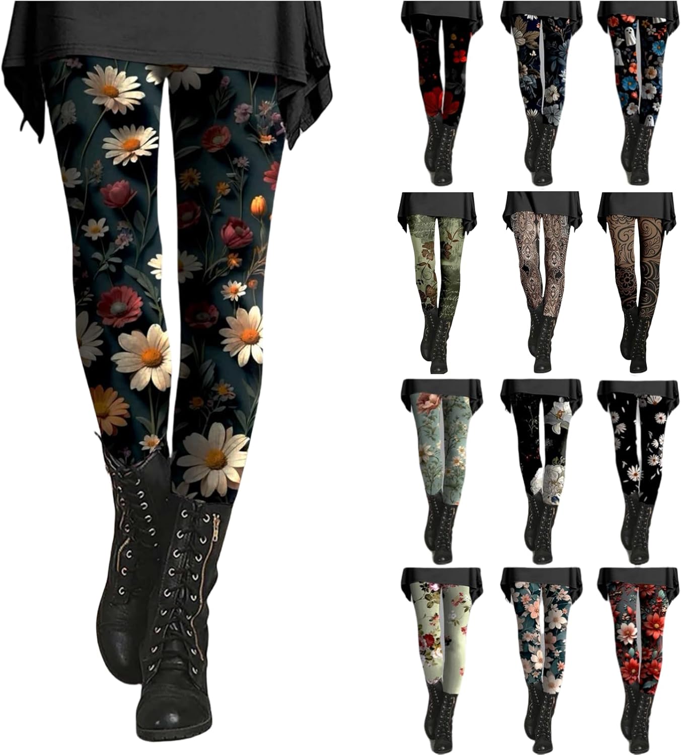Floral Leggings for Women High Waisted Vintage Printed Tummy Control Leggings Casual Plus Size Yoga Pants Slim Tights