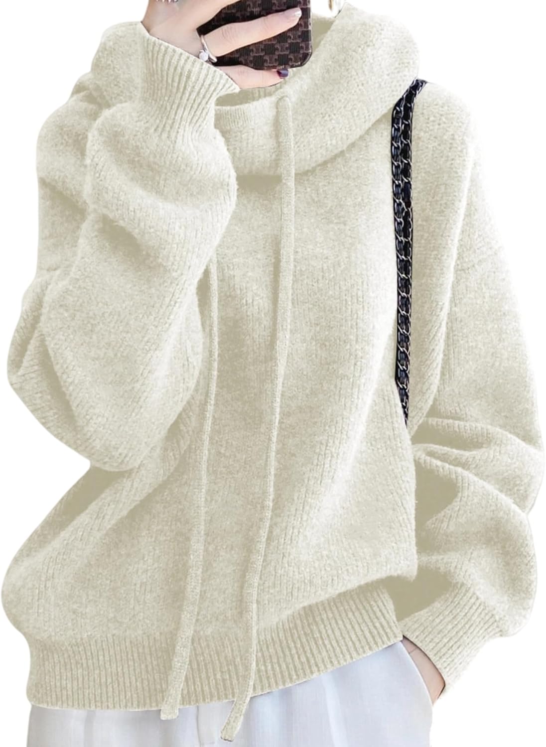 Womens Drawstring Cowl Neck Pullover Sweater Loose Turtleneck Solid Color Fall Winter Knit Sweater Tops