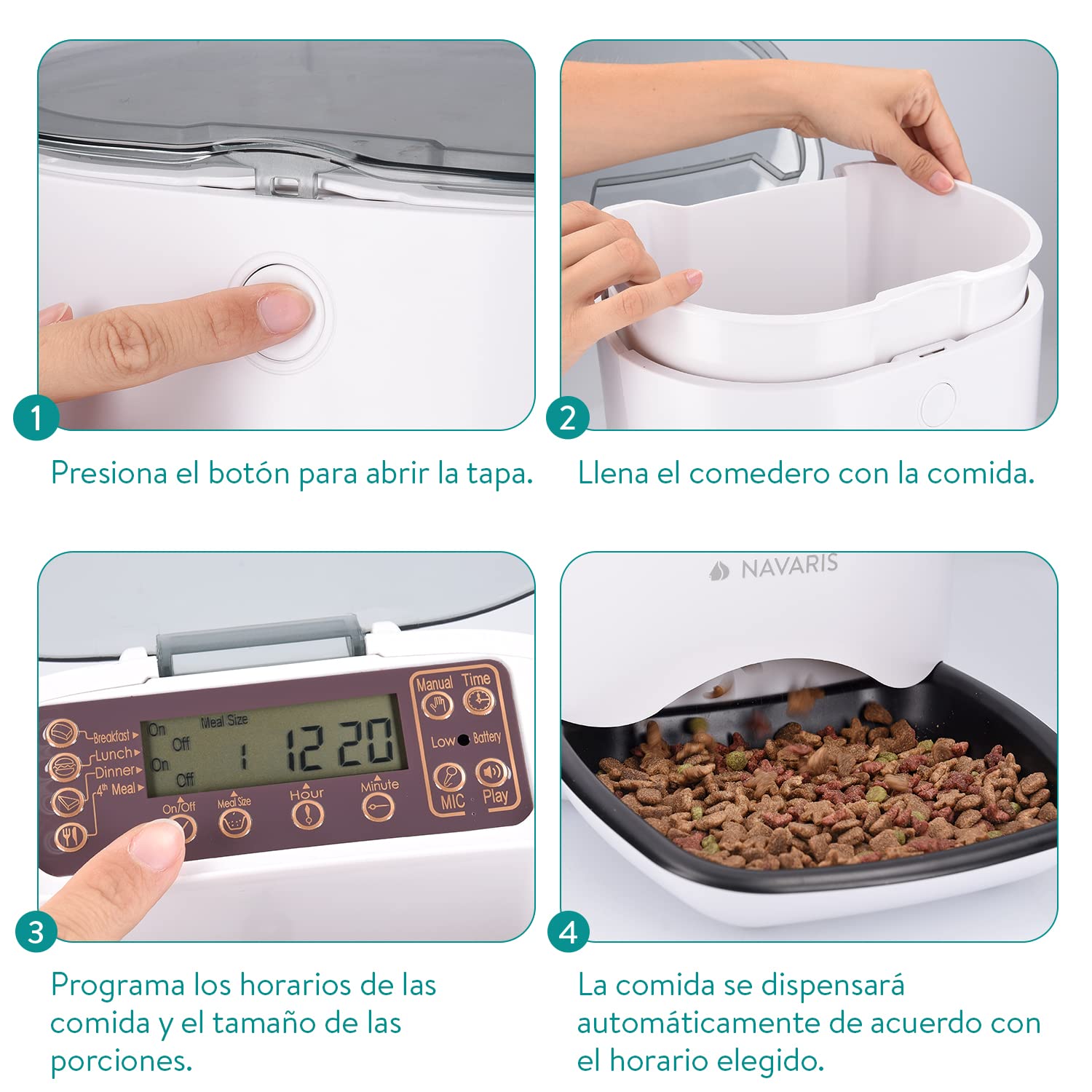 Navaris Dispensador de Comida automático con Temporizador - Comedero automático de 6L para 4 porciones de Comida diarias - para Perros y Gatos