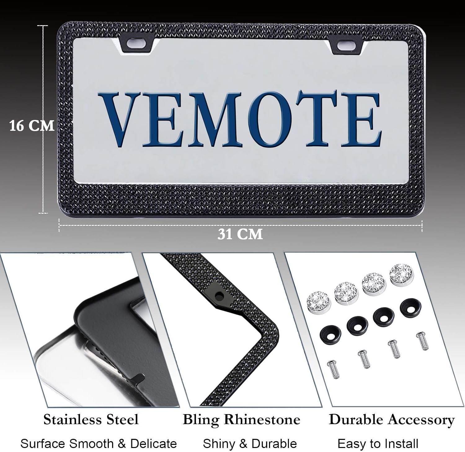 Black Bling License Plate Frame GiftBox, 2Pack Sparkly Rhinestone License Plate Frames Holder Handcrafted Glitter Diamond Stainless Steel License Plate Cover for Women,Girl,Party, Birthday, Christmas