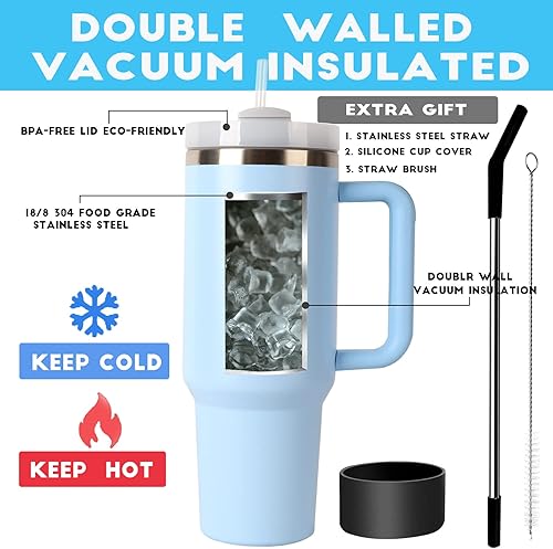 Miniatura 3 de Vaso de 40 onzas con asa y tapa con pajilla, taza de viaje de acero inoxidable, botella de agua, reutilizable, aislada al vacío, a prueba de