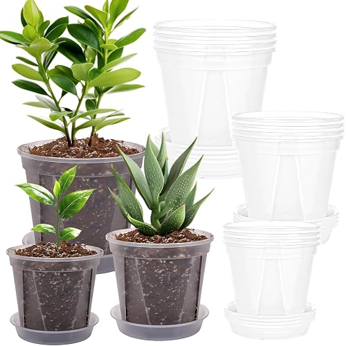 CEWOR 12 Pack 4/5/6 Inch Clear Nursery Pots with Drainage, Plastic Plant Pots with Saucer for Flowers, Succulent, Herb, Indoor Plants, Transparent Seed Starting Pots Variety Pack