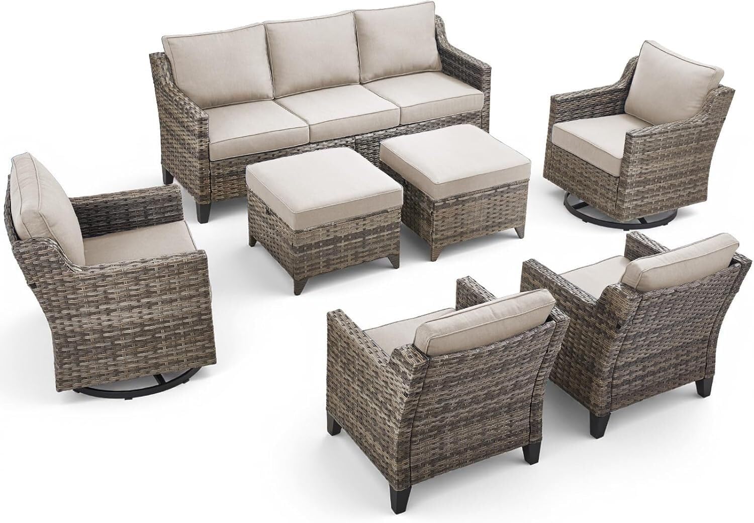Relaxed Furniture Combination, Sofa with Rattan Swivel Chair, Suitable for The Yard and Garden, (Blue, Beige)(Beige,7PCS-Wicker Chairs+Sofa)
