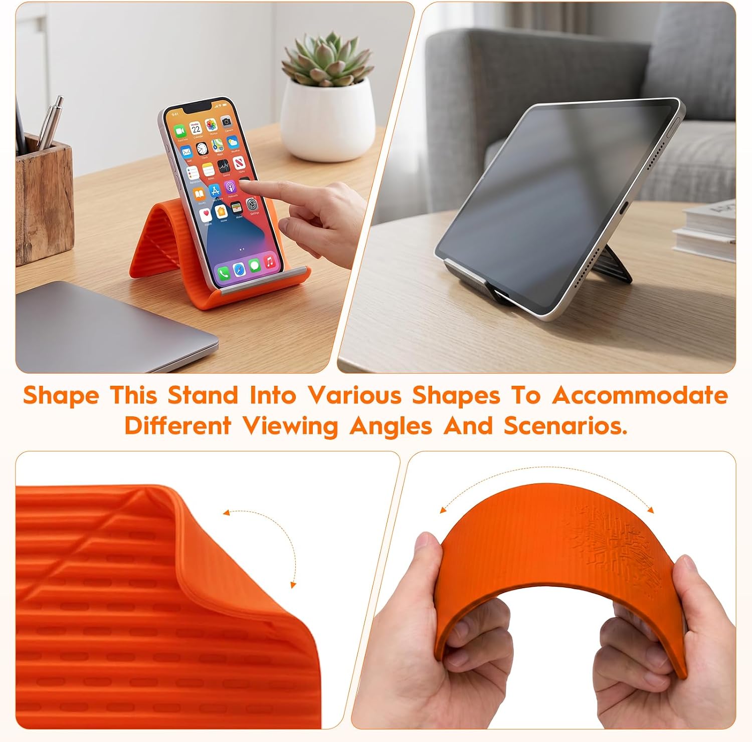 2 Pack Adjustable Foldable Silicone Phone Stand, Universal Bendable Cell Phone Tablet Holder, Portable Anti-Slip Desk Bed Phone Mount for Travel Home Office(Orange)