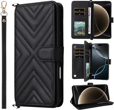 Flip Cover Compatible with Tecno Phantom X2 5G / Phantom X2 Pro 5G Wrist Strap Lanyard PU Leather+Shell  Dual Wallet [6 Card Slots] KicKstand Black