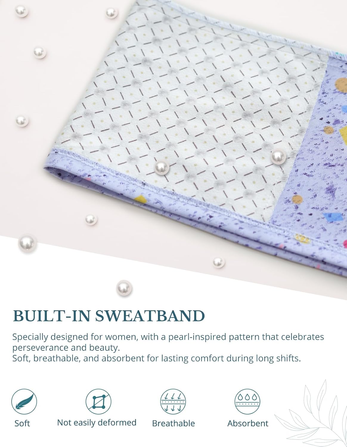 Ponytail Scrub Cap for Women – Confetti White Double-Sided Printed Surgical Hat with Buttons and Sweatband, Soft Nurse Cap for Long Hair, Helps Reduce Static Buildup - Image 5