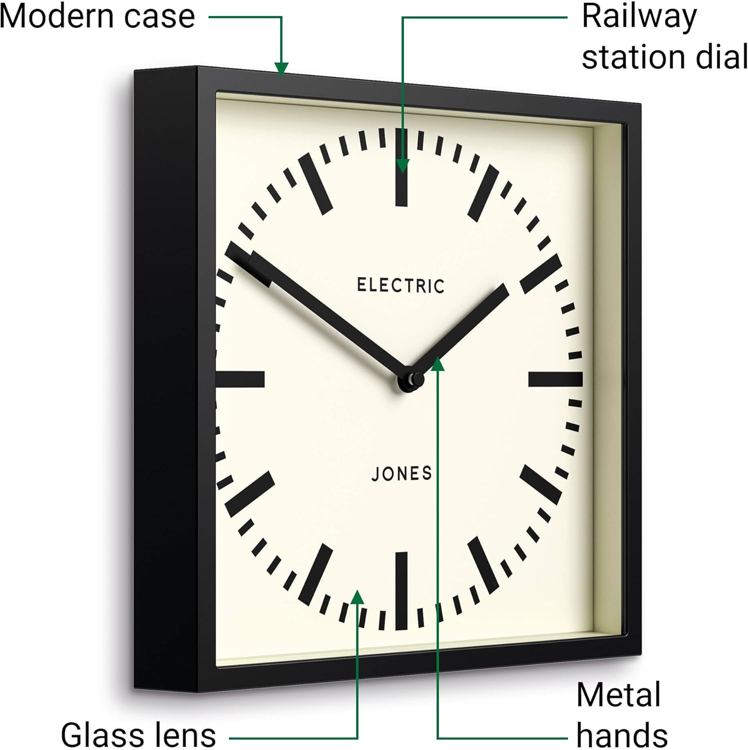 JONES CLOCKS® Box Railway Wall Clock | Square Station Clock | 10 inch | Black | Cool Designer Look for Kitchen, Living Room or Office