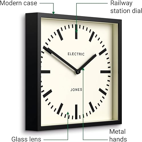 Miniatura 6 de JONES CLOCKS Reloj de pared Box Railway  Reloj de estación cuadrada  10 pulgadas  Negro  Aspecto de diseñador genial para cocina, sala de estar u