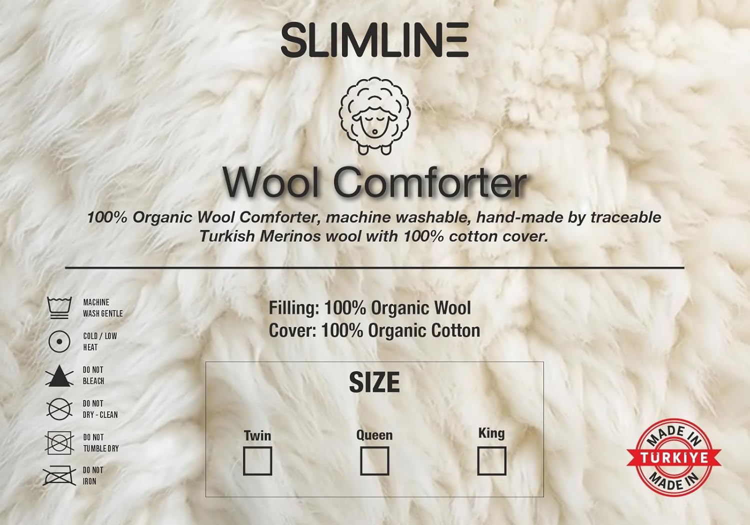 SLIMLINE 100% Natural Wool Comforter, Duvet Insert, Quilted Sateen Cotton Cover (No Noise), Medium Weight, Hypoallergenic, Temperature Regulator, Use Any Season, White (Twin)