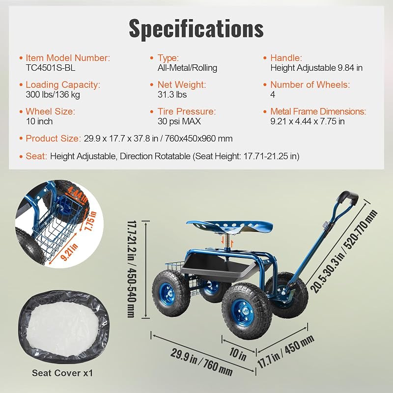 VEVOR Garden Cart Rolling Workseat with Wheels, Gardening Stool for Planting, 360 Degree Swivel Seat, Wagon Scooter with Steering Handle & Utility Tool Tray, Use for Patio, Yard, and Outdoors, Blue image 6