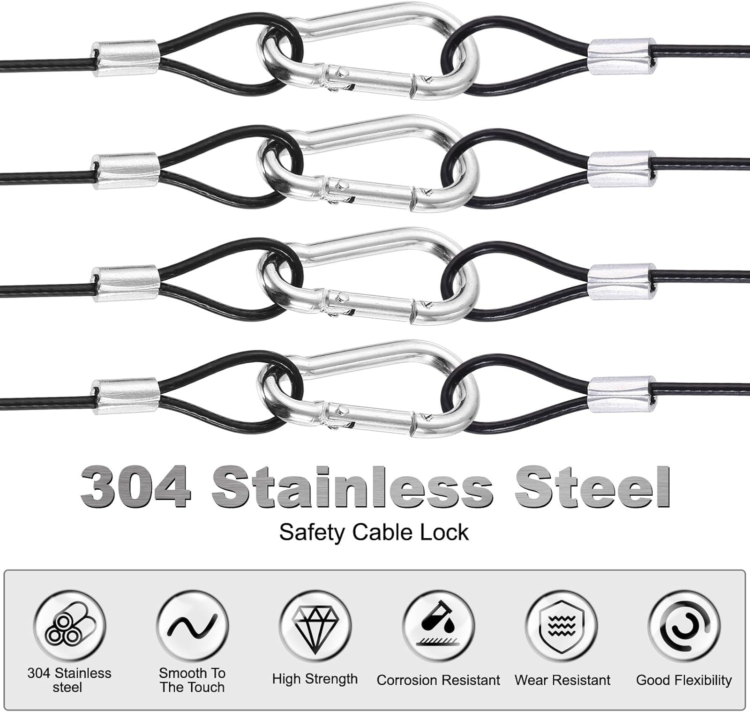 PATIKIL 12" Safety Cable Lock Double Loop 4pcs with 8 Spring Buckles Black image 4