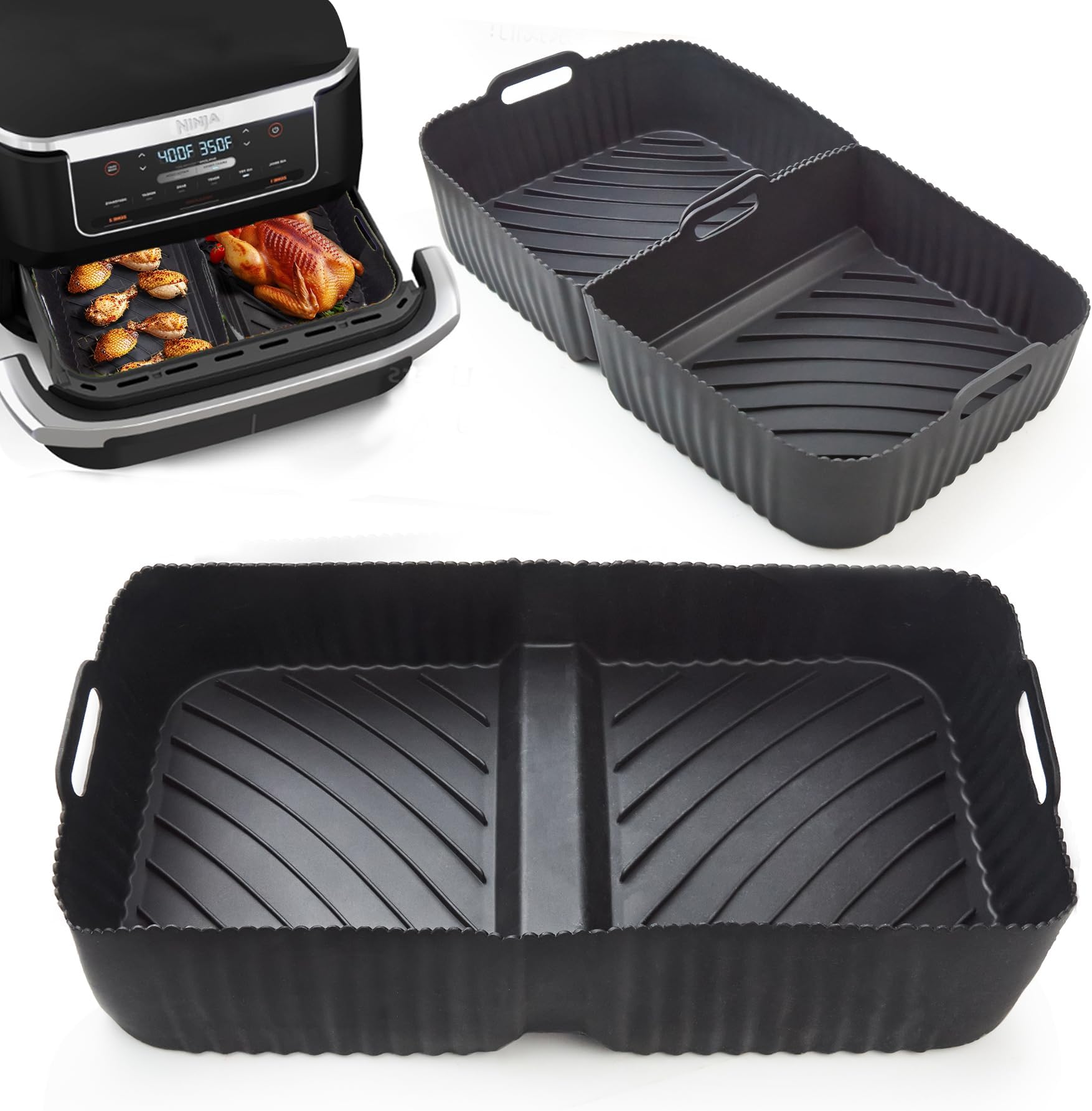 Stimmungs Air Fryer Liners Silicone for Ninja Flex Drawer AF500UK Inserts 3 Pcs Air Fryer Accessories 10.4L & 5.2L Silicone Liners for Air Fryer,Reusable Large Square Air Fryer Liners Silicone - Black