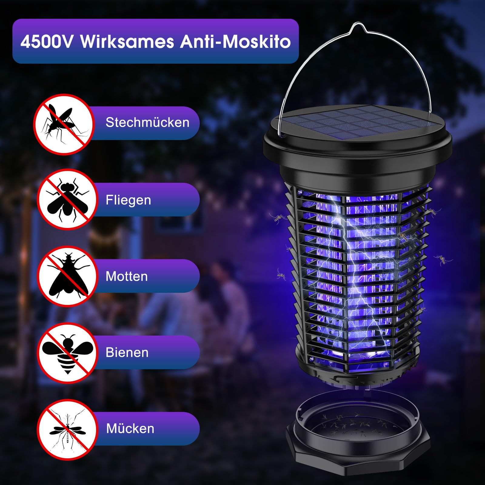 PALONE 4500V Hängbarer Insektenvernichter Elektrisch Solar, Ausgestattet mit Einem Einstellbaren 5,5W/5V-Solarpanel und Einem 3,5m Langen Kabel, Geeignet für den Innen, Garten und Outdoor-Aktivitäten | USB-C Mückenlampe mit Einem Einstellbaren 5,5W/5V-Sol