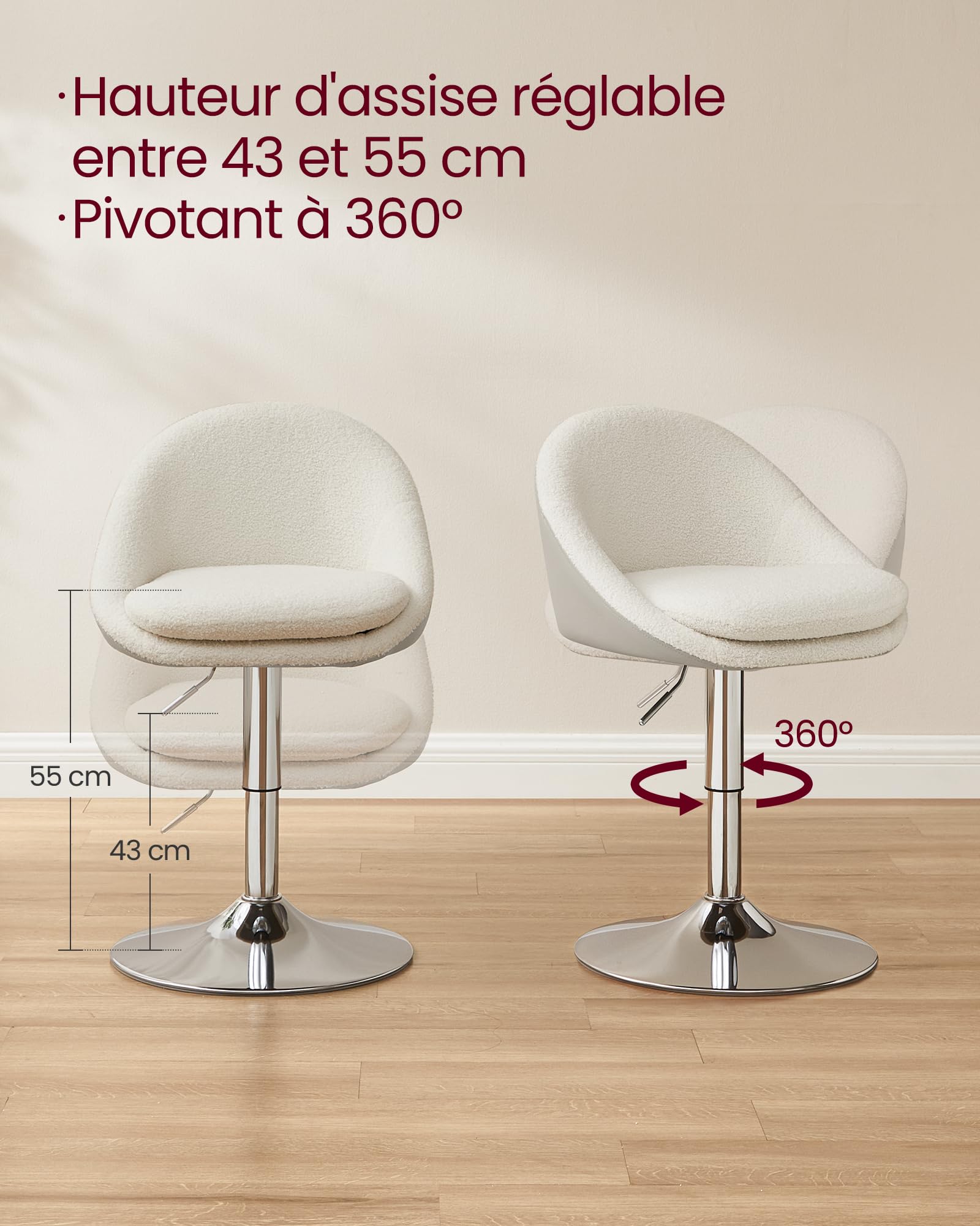 VASAGLE Chaise Réglable, Chaise de Coiffeuse, Fauteuil de Bureau Pivotant, Tabouret de Bar avec Dossier et Socle, en Acier, pour Bar, Bureau, Coiffeuse, Salle à Manger, Blanc Crème LJB100W01