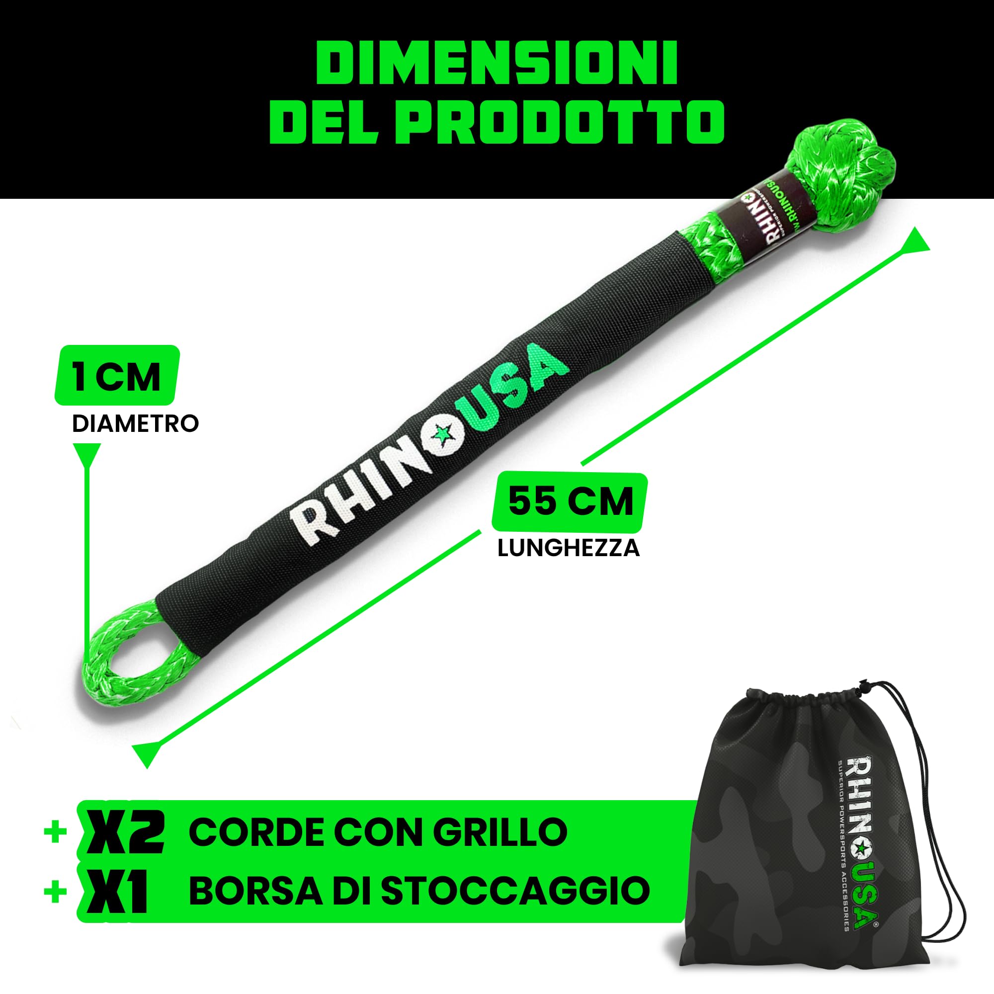 Rhino USA Corda Sintetica con Grillo Morbido (2-Pack) – 1 cm x 56 cm (14.243 kg resistenza alla rottura) - Kit di recupero fuoristrada per camion, UTV, ATV - Compatibile con Jeep, Toyota, Ford e altro