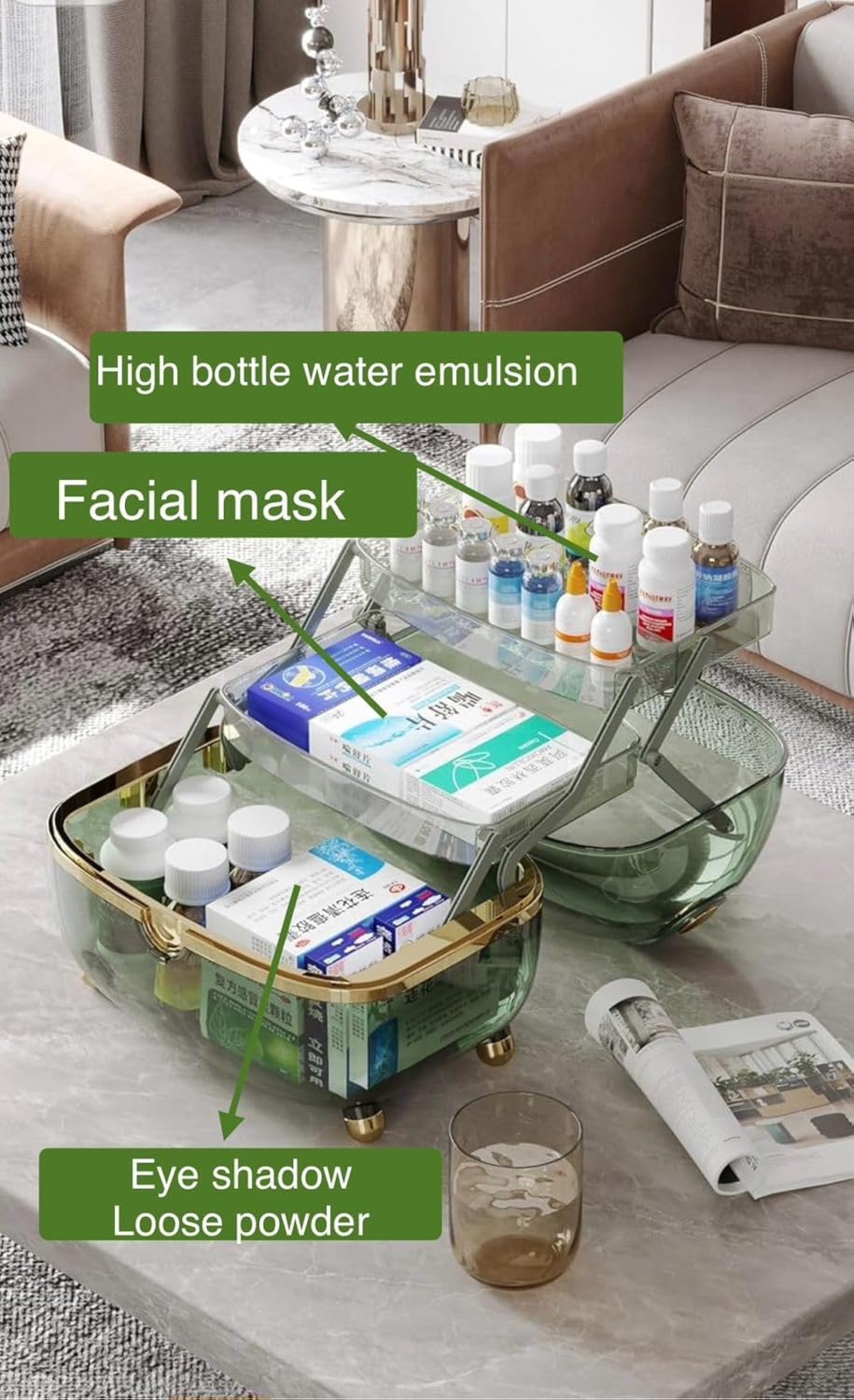 Makeup bag Storage Box, Countertop Portable Vanity Cosmetics MAKE UP bathroom organizers and Storage Cosmetics Organizer Box for Countertop & Drawers Skincare Organizers (Storage box green)