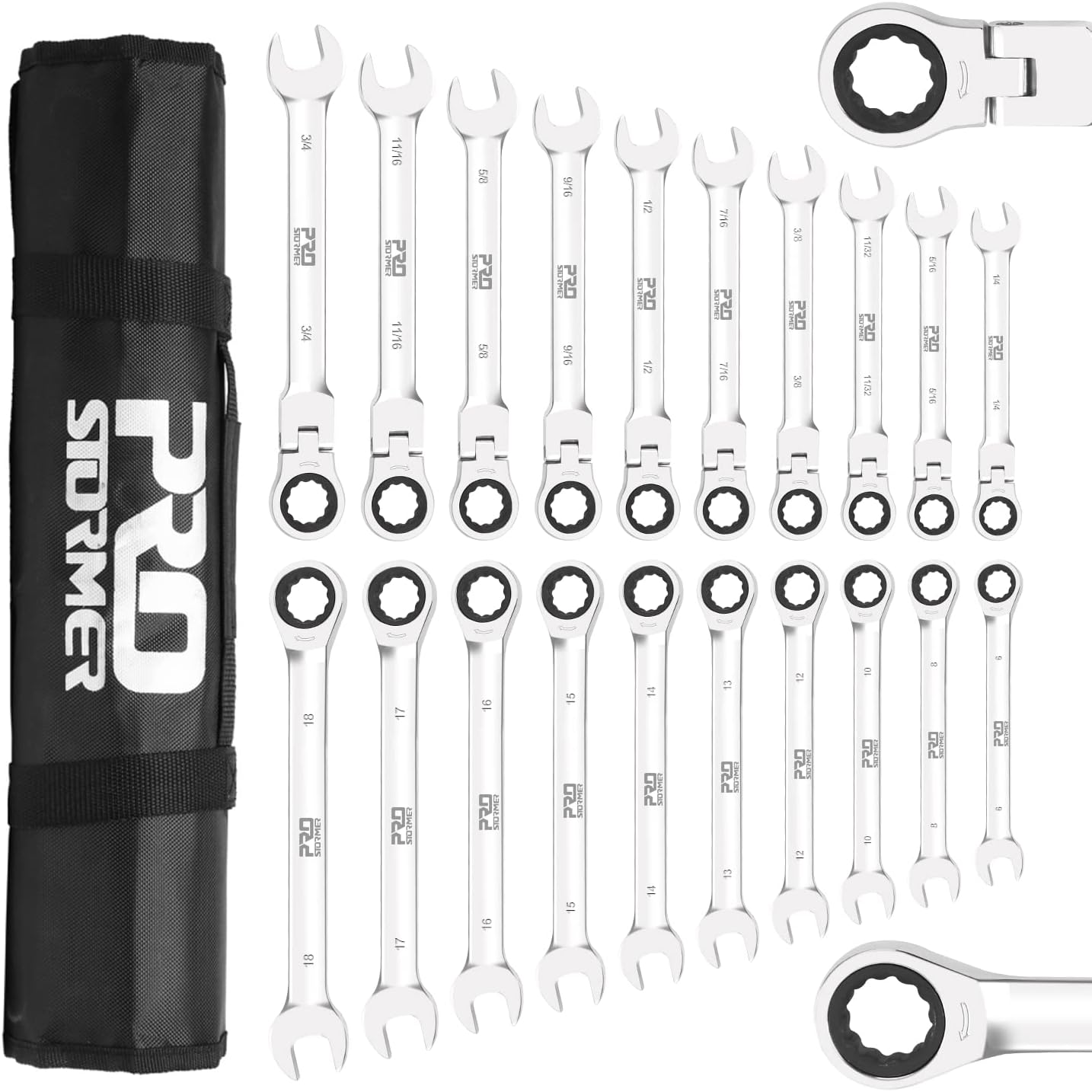 PROSTORMER 20-Piece SAE and Metric Ratcheting Wrench Set, Chrome Vanadium Steel Combination Ratchet Wrench Kit with Portable Roll-Up Canvas Bag (10Pcs Flex-Head + 10Pcs Fixed Head)