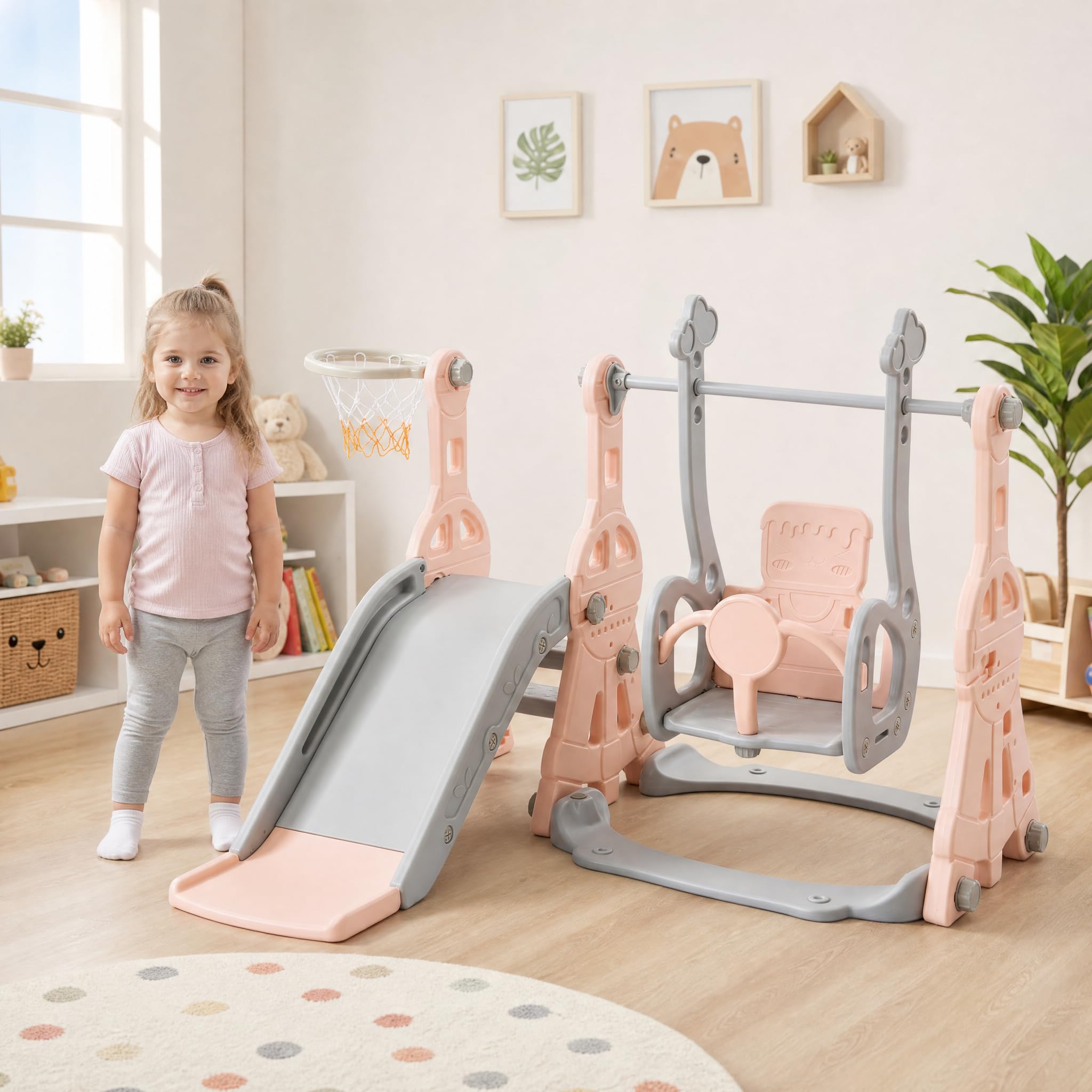 Scivolo per bambini per esterni, 4 in 1, con scivolo, altalena, struttura per arrampicata, canestro da basket, per interni ed esterni, scivolo autoportante, parco giochi per bambini piccoli