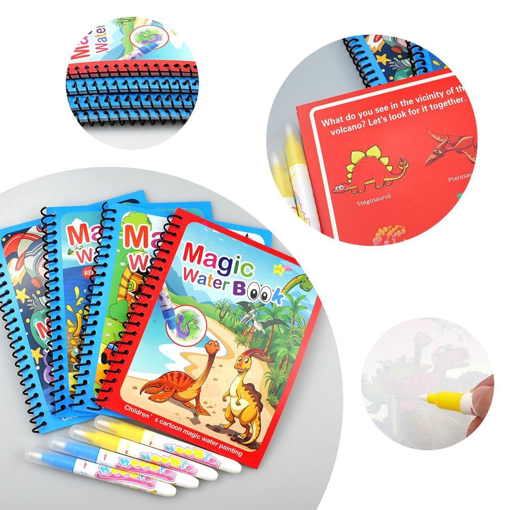 4 Stück Wassermalbücher Für Kinder – Wiederverwendbare Magic Water Malbücher Mit Stift, 6 Themen (Tiere, Dinos, Ozean Uvm.), 15x18,5 Cm
